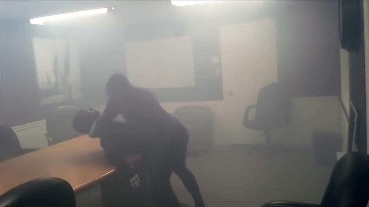 gasmasked zentai skeleton gasses and humps his enemy in the boardroom