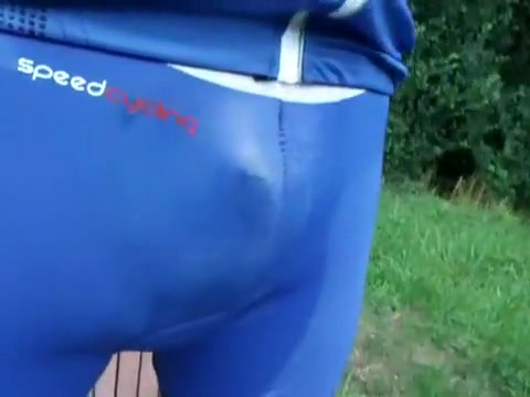 Young lycra boy wanking and pissing in public park