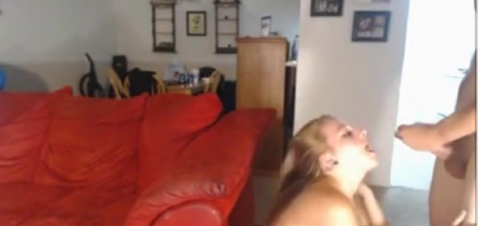 Brunette bends over on the sofa to get doggystyle fucked and swallows