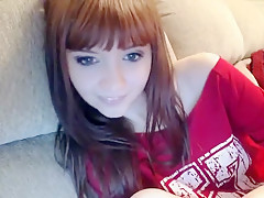 Teen brunette hottie watches herself on webcam rubbing her